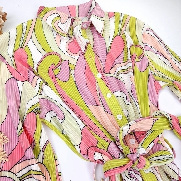 Multicolored Tunic Buttoned Down Belted Dress Sz M - Picture 3 of 8